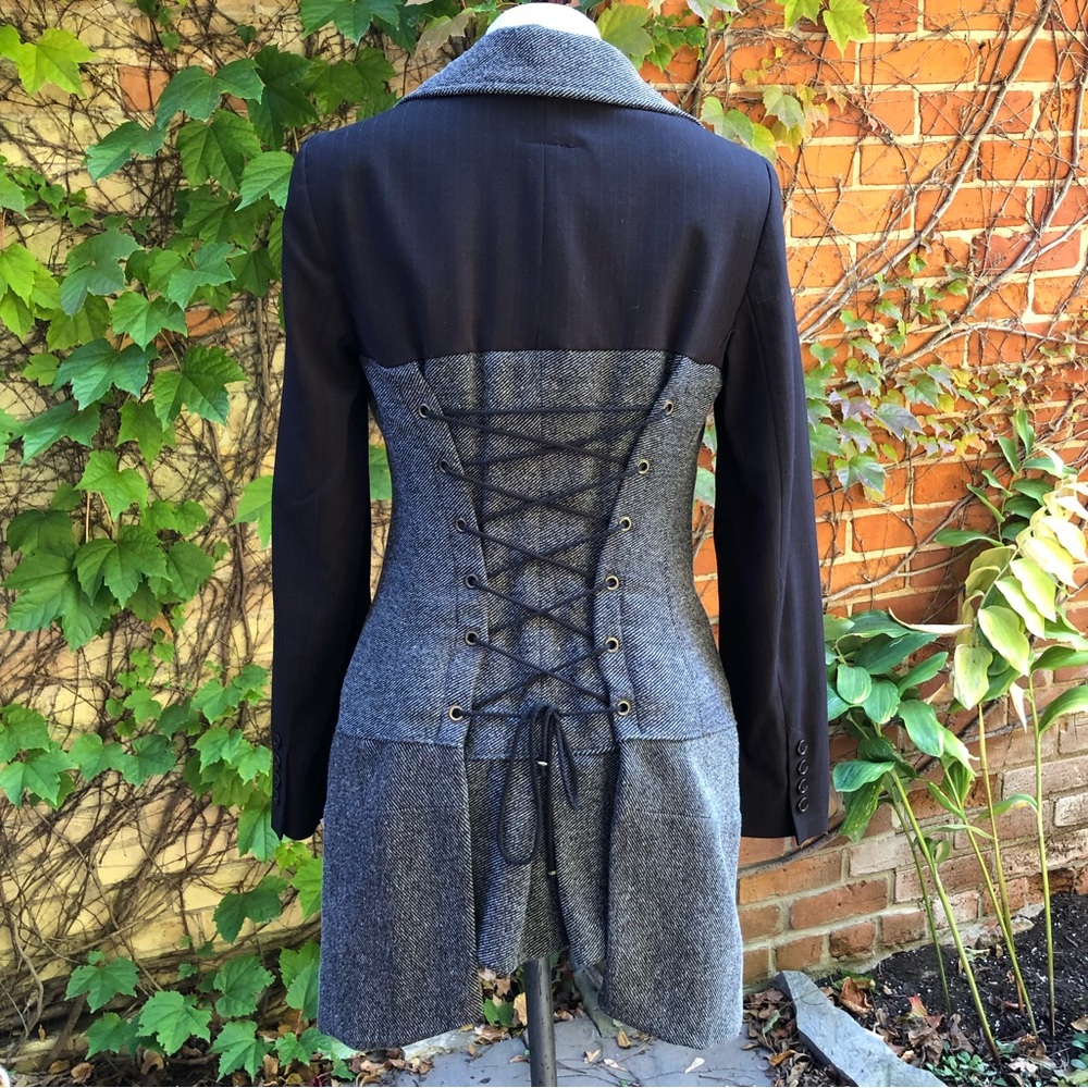 Apres Dusk Jacket Upcycled Wool Button Lace Up Corset Coat Gray Tweed Black